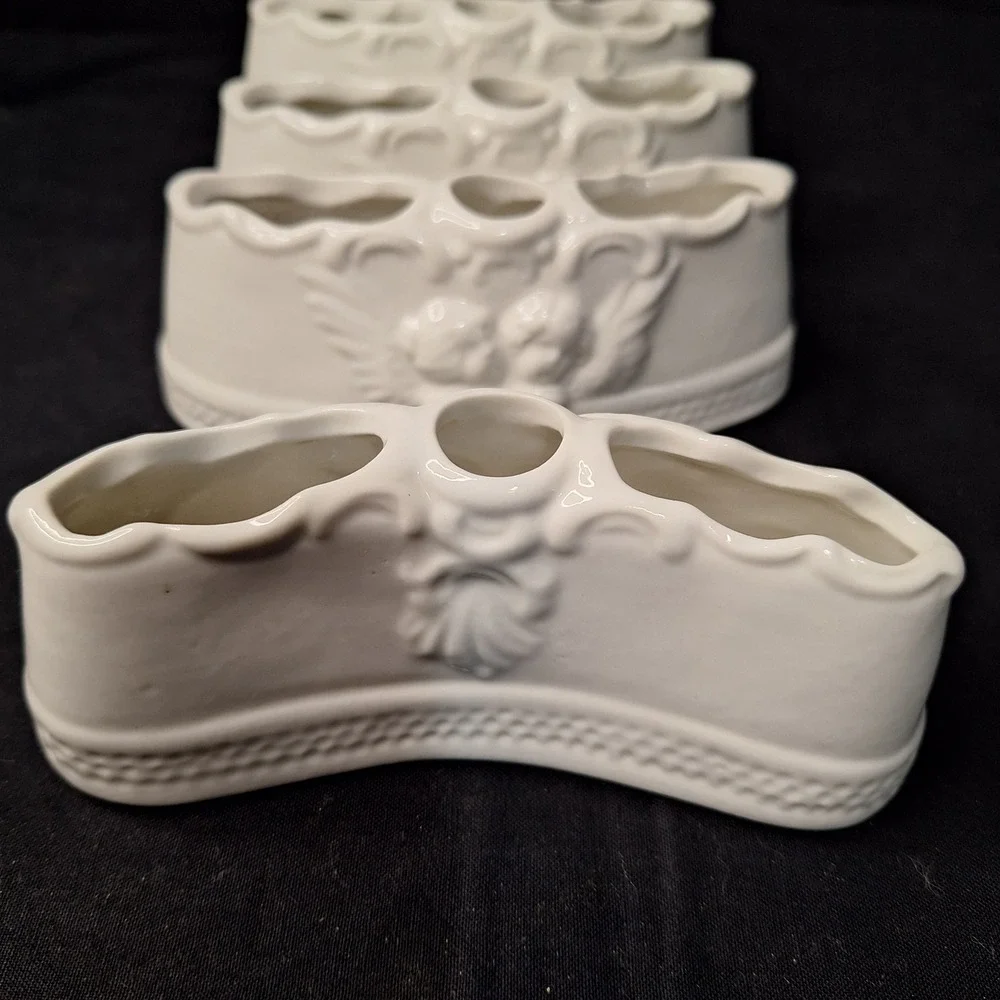 Set of 4 White Glazed‎ Dresden Porcelain Cherub Crescent Flower Candle Holders